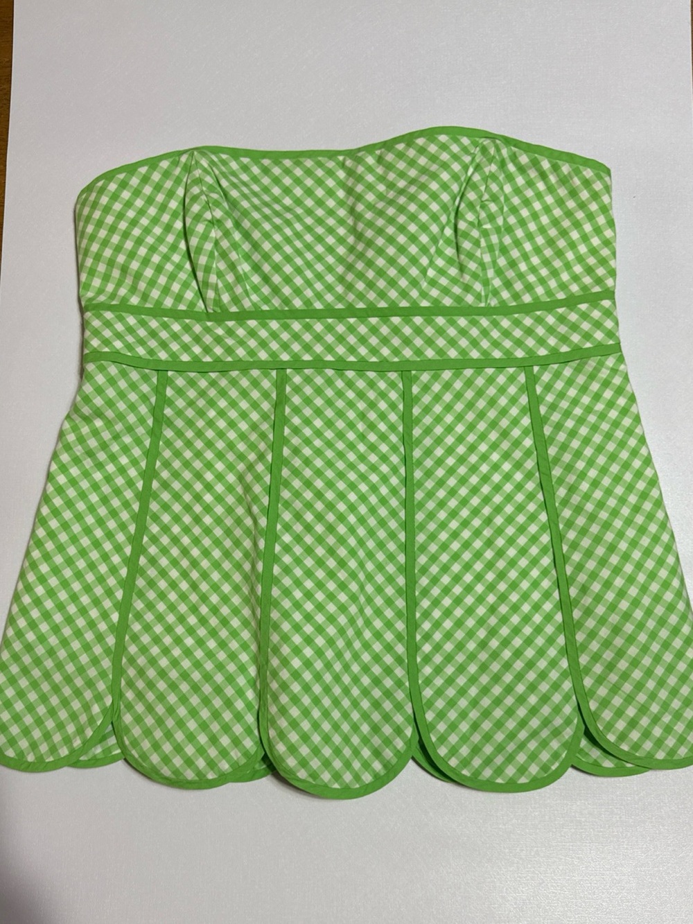 Lilly Pulitzer Strapless Gingham Scallop Dress Top in Lime Green and White